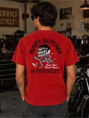 Rusty Butcher Motorcycles Graphic T-Shirt Skeleton Biker Tee Made USA
